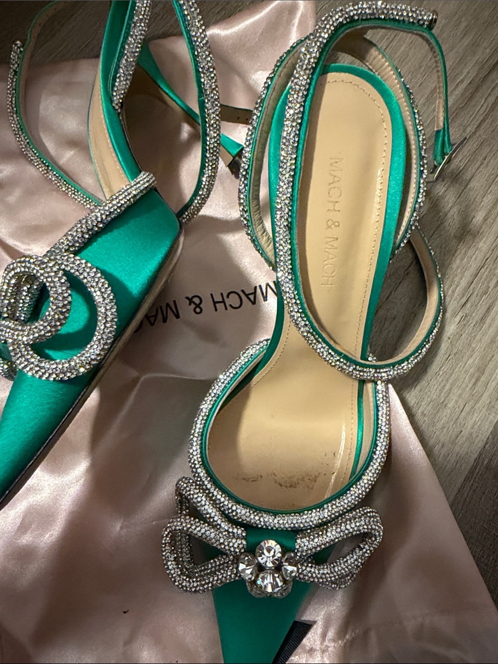 MACH & MACH Teal Satin Pointed Crystal-Bow Ankle Strap Heels